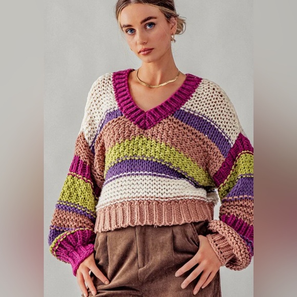 Threaded Leaf chunky Colorful Striped V-Neck Sweater - Picture 1 of 14